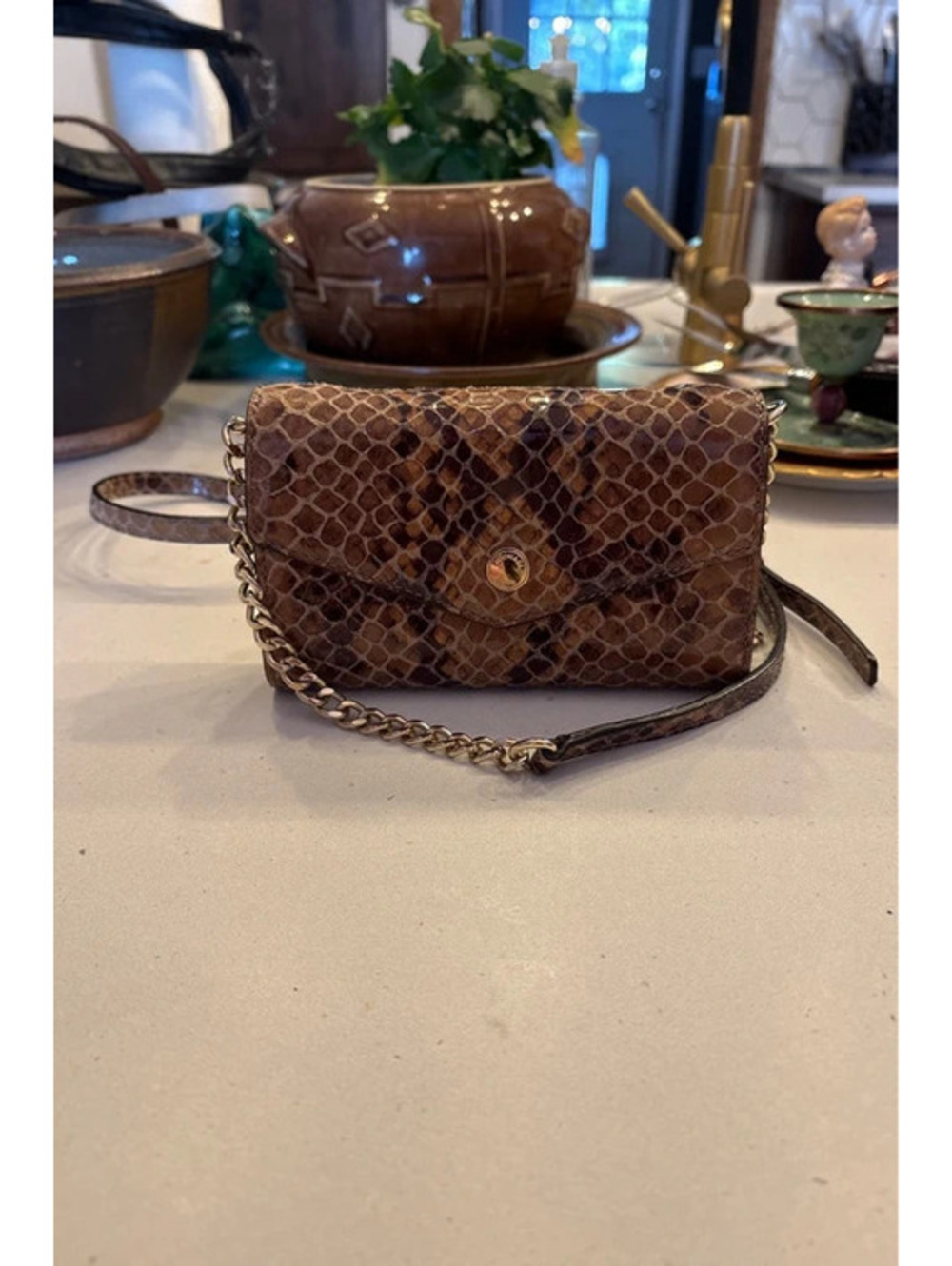 Michael Kors Python Embossed Leather Crossbody Wallet Envelope Clutch Sand Brown